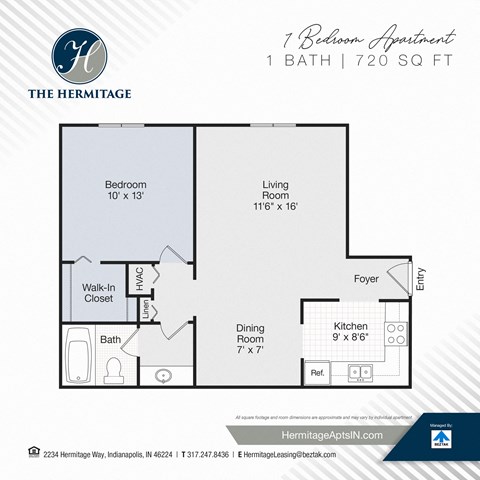 Floor plan for 1 bed, 1 bath, 720 sqft